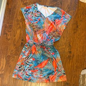 Tropical Print V-Neck Summer Dress - Coral & Teal